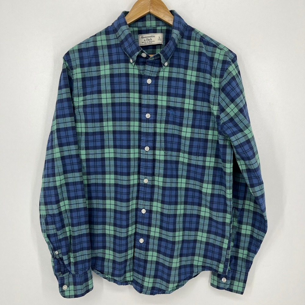 Abercrombie & Fitch Mens‎ Plaid Button Down Shirt Blue Green Size Large